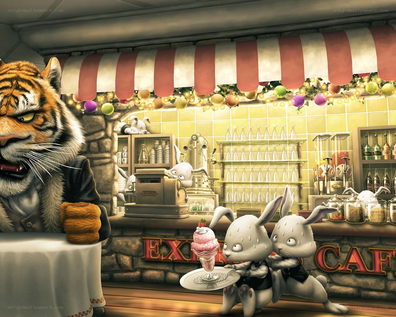 Tiger at a cafe with rabbits
