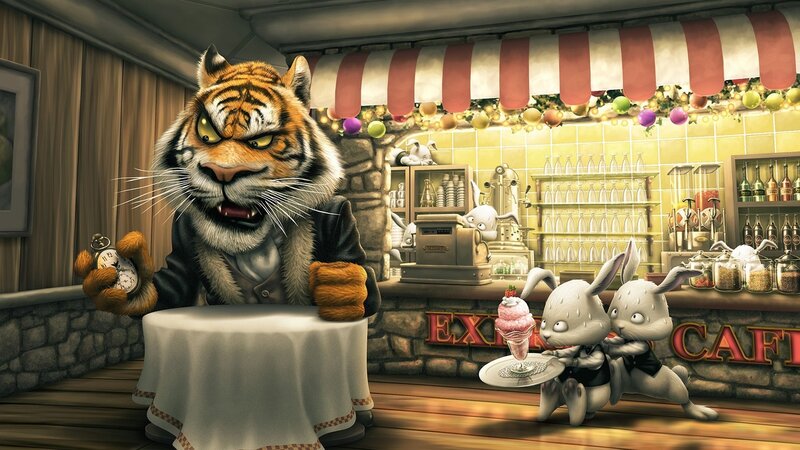 Tiger at Cafe Table — Orange, Dramatic, Digital Art