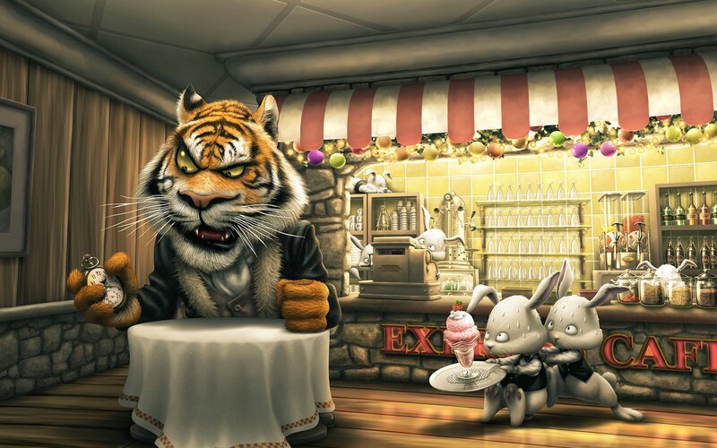 Tiger at Cafe Table — Orange, Dramatic