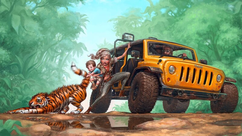 Tiger Attacking Jeep — Green