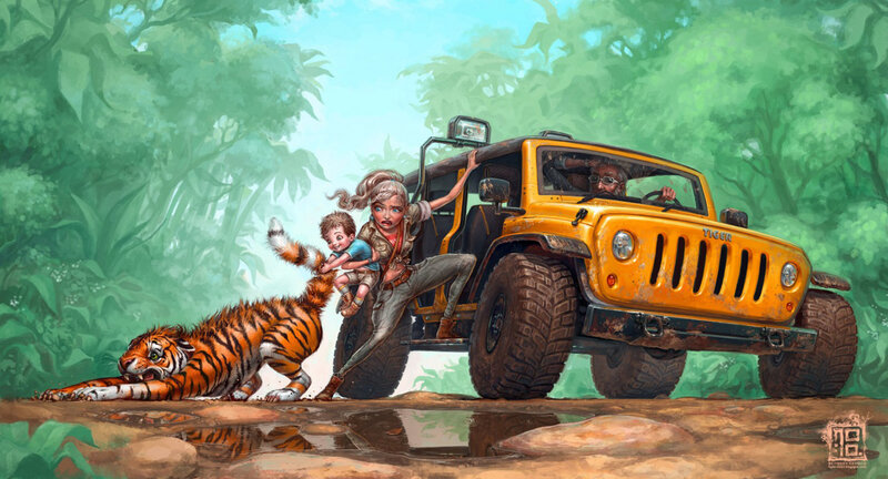 Tiger Attacking Jeep