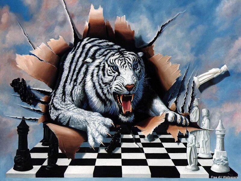 tiger breaking through chessboard