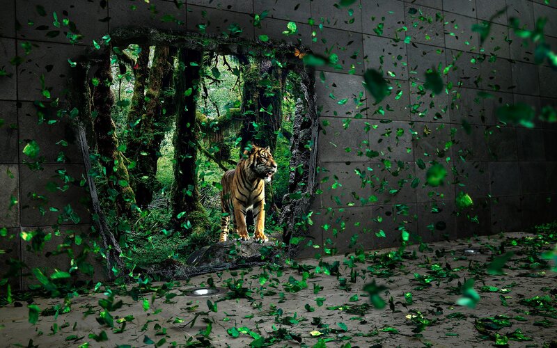 Tiger Breaking Through Wall — Green, Dramatic, Digital Art, Forest, Leaves