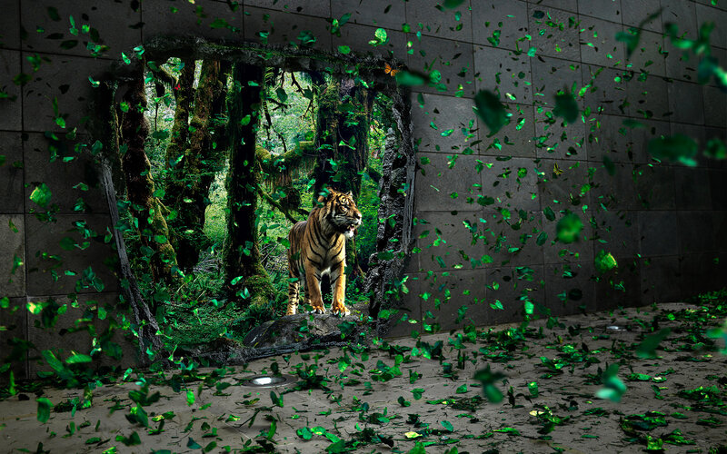 Tiger Breaking Through Wall — Green, Dramatic, Digital Art, Forest