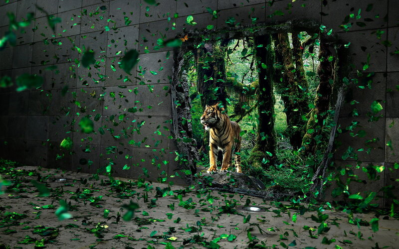 Tiger Breaking Through Wall — Green, Dramatic, Digital Art, Leaves, Forest, Brown