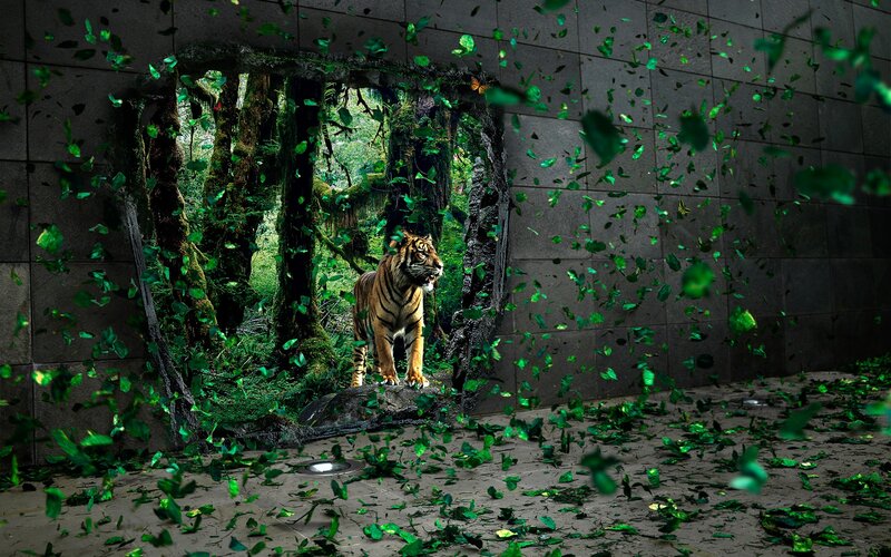 Tiger Breaking Through Wall — Green, Dramatic
