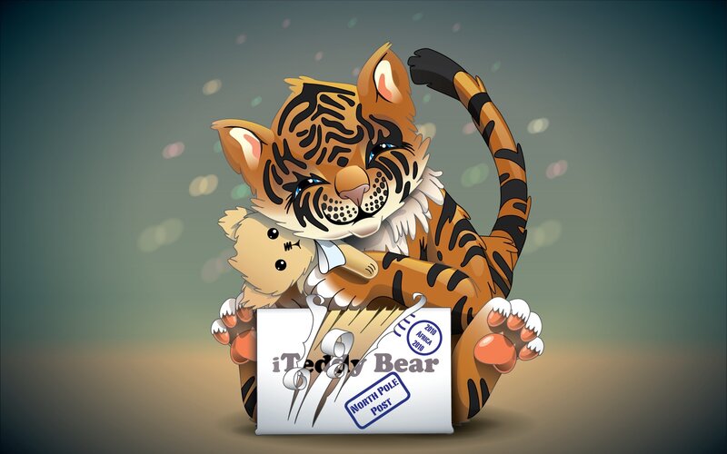 Tiger Cub Holding Teddy Bear