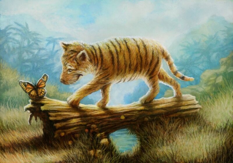 Tiger Cub on Log — Brown, Serene