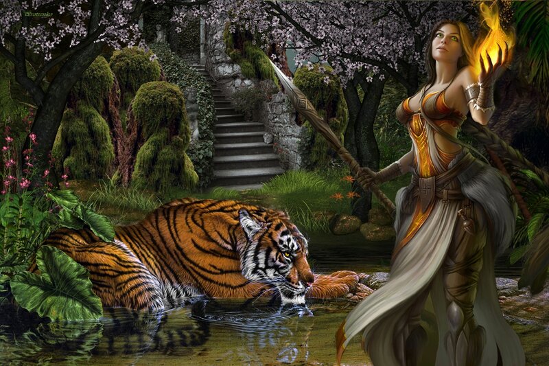 Tiger Drinking Water — Green