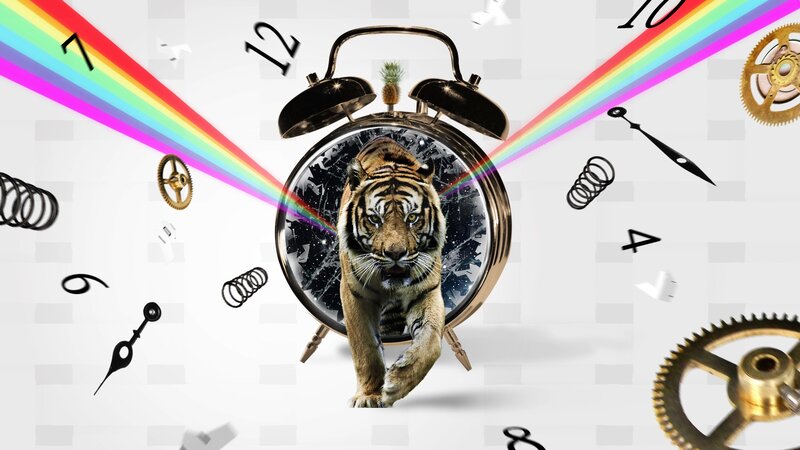 tiger emerging from alarm clock