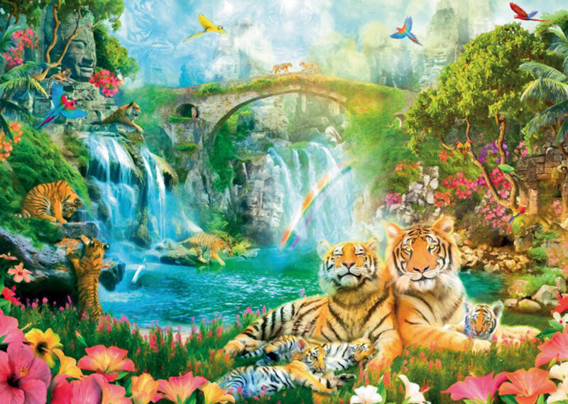 Tiger Family in Jungle — Green, Serene, Afternoon, Illustration