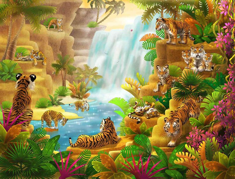 Tiger Family in Jungle — Green, Serene, Afternoon