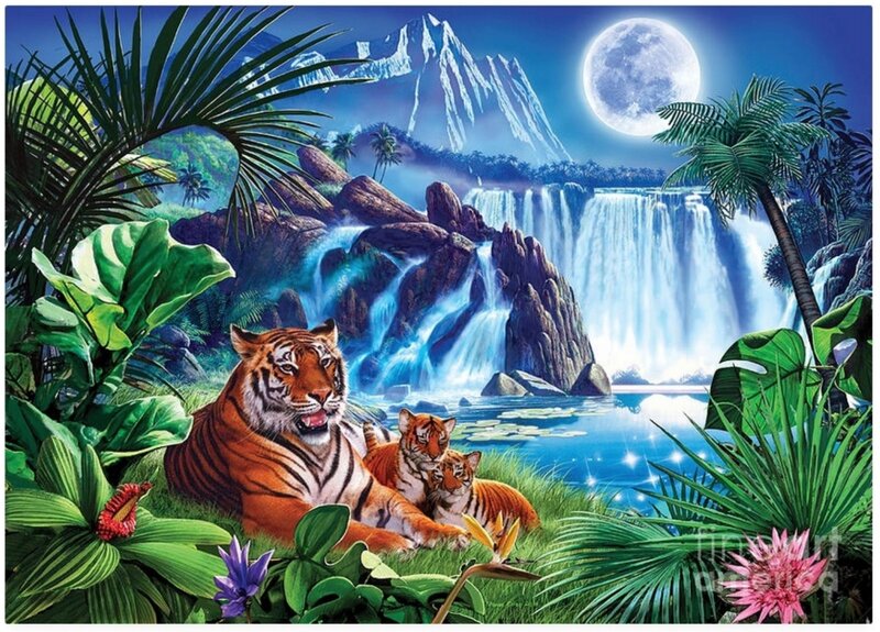 Tiger Family in Jungle — Green, Serene, Night, Digital Art
