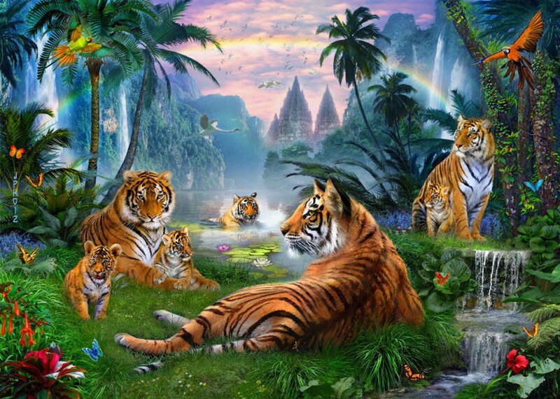 Tiger Family in Jungle — Green, Serene, Sunset, Digital Art