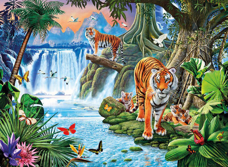 Tiger Family in Jungle — Green, Serene, Sunset, Illustration