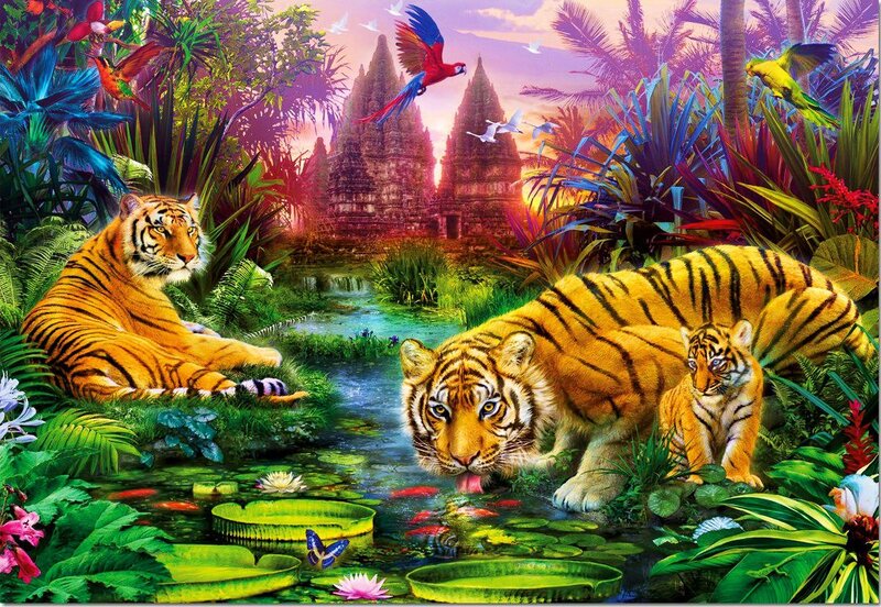 Tiger Family in Jungle — Green