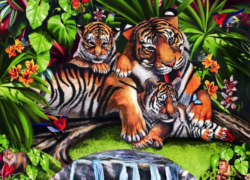 Tiger Family in Jungle — Green, Vibrant, Illustration