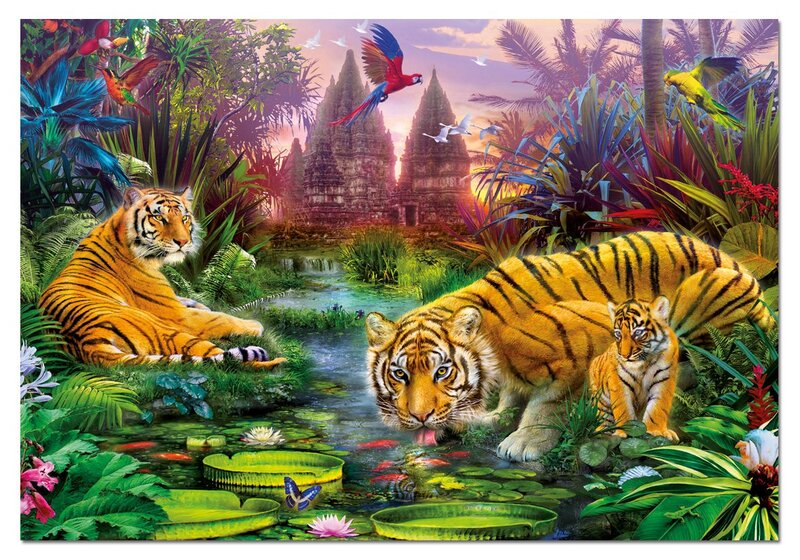 Tiger Family in Jungle — Green, Vibrant