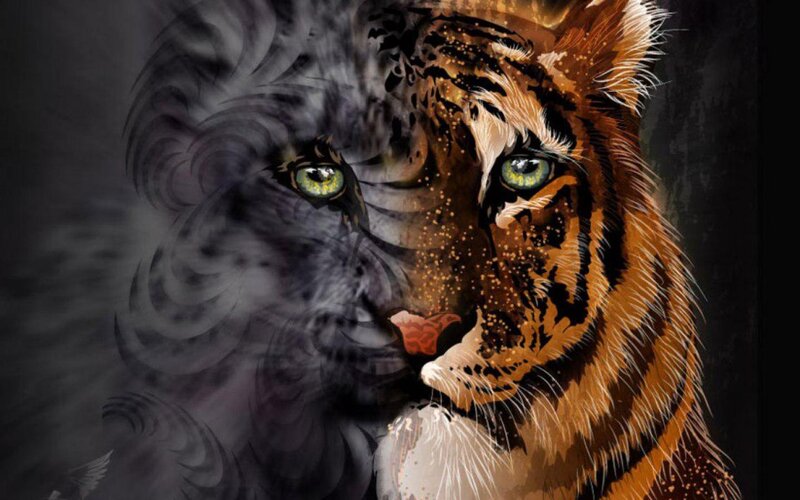 Tiger Head Portrait — Orange, Dramatic, Digital Art