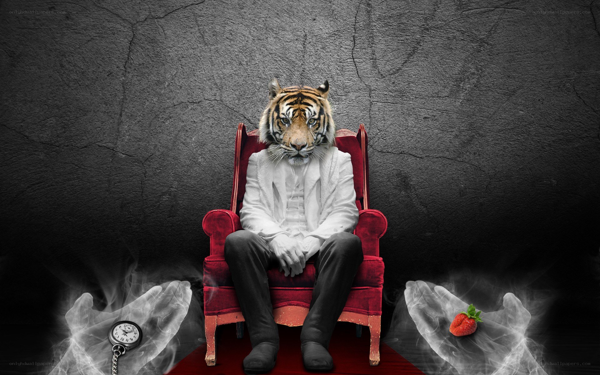 tiger-headed man in red chair