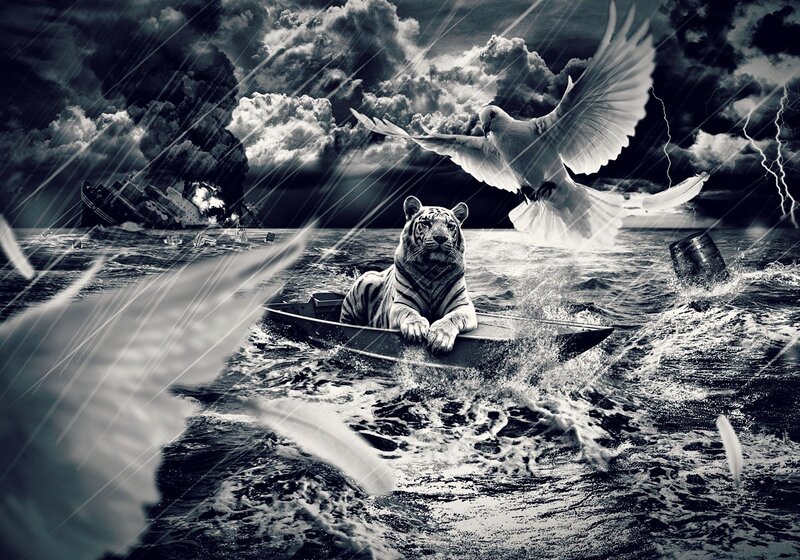 Tiger in a Boat — Black, Dramatic, Digital Art