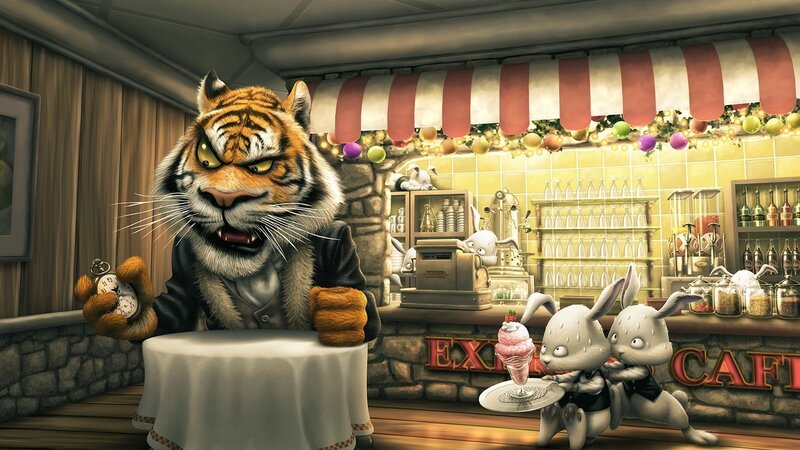 Tiger in a Cafe — Orange, Dramatic, Digital Art
