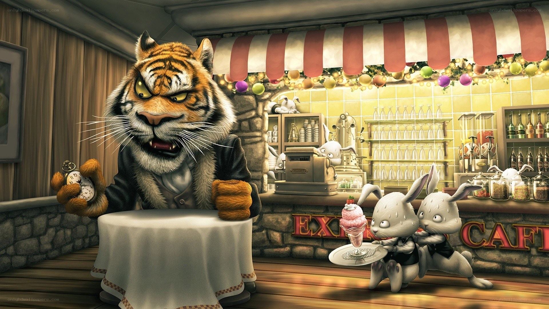Tiger in a cafe with rabbits