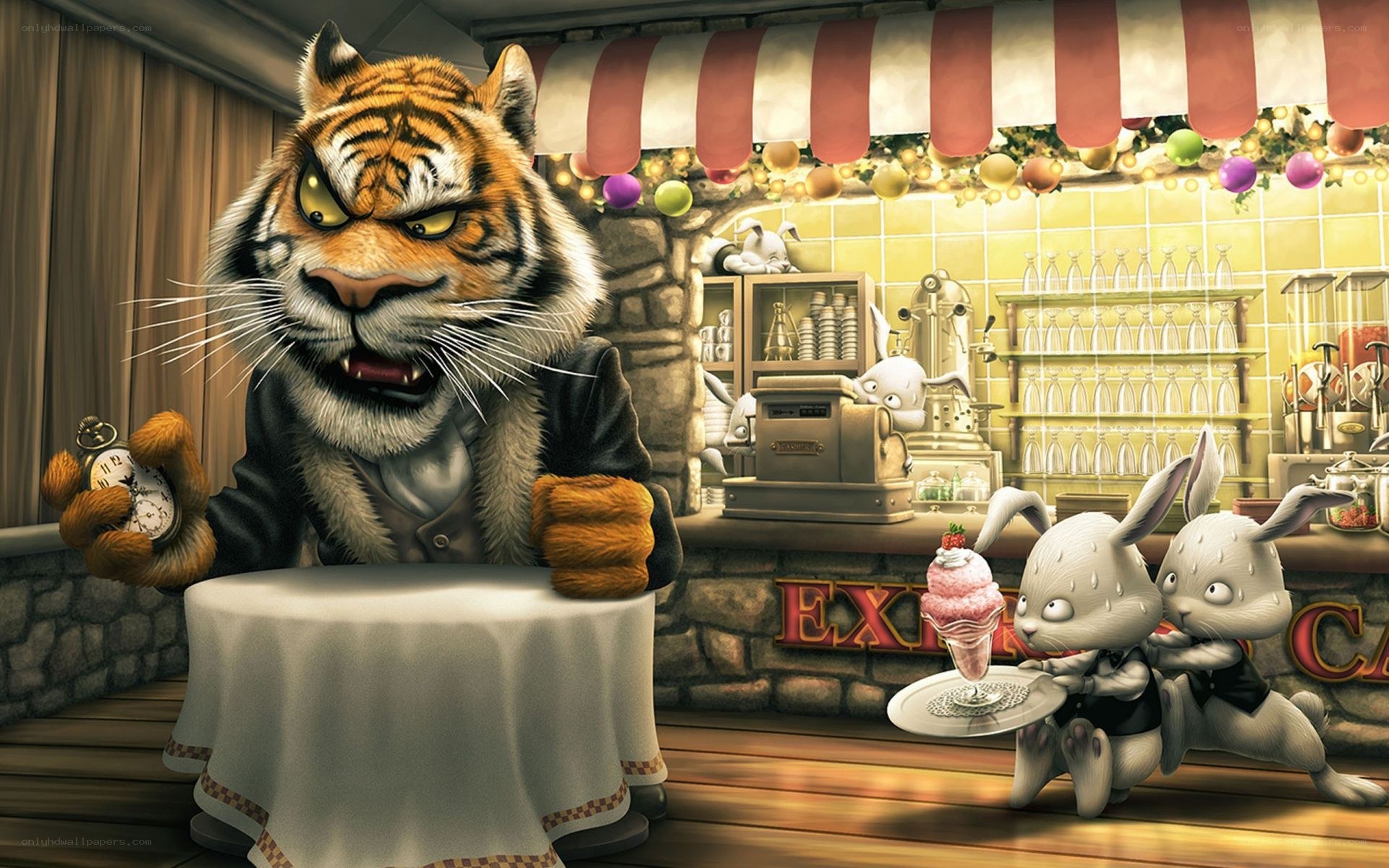 Tiger in a cafe with rabbits