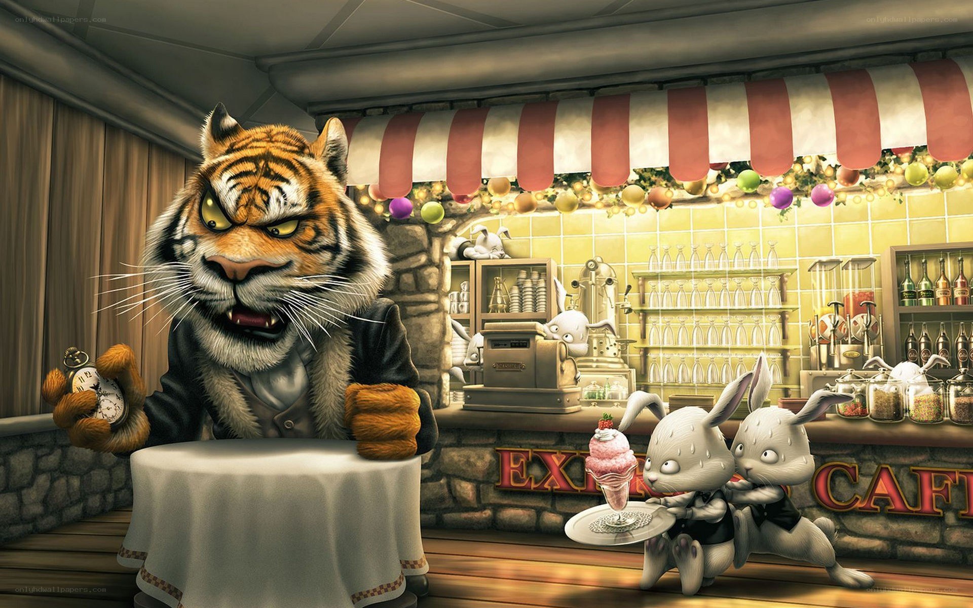 Tiger in a cafe with rabbits