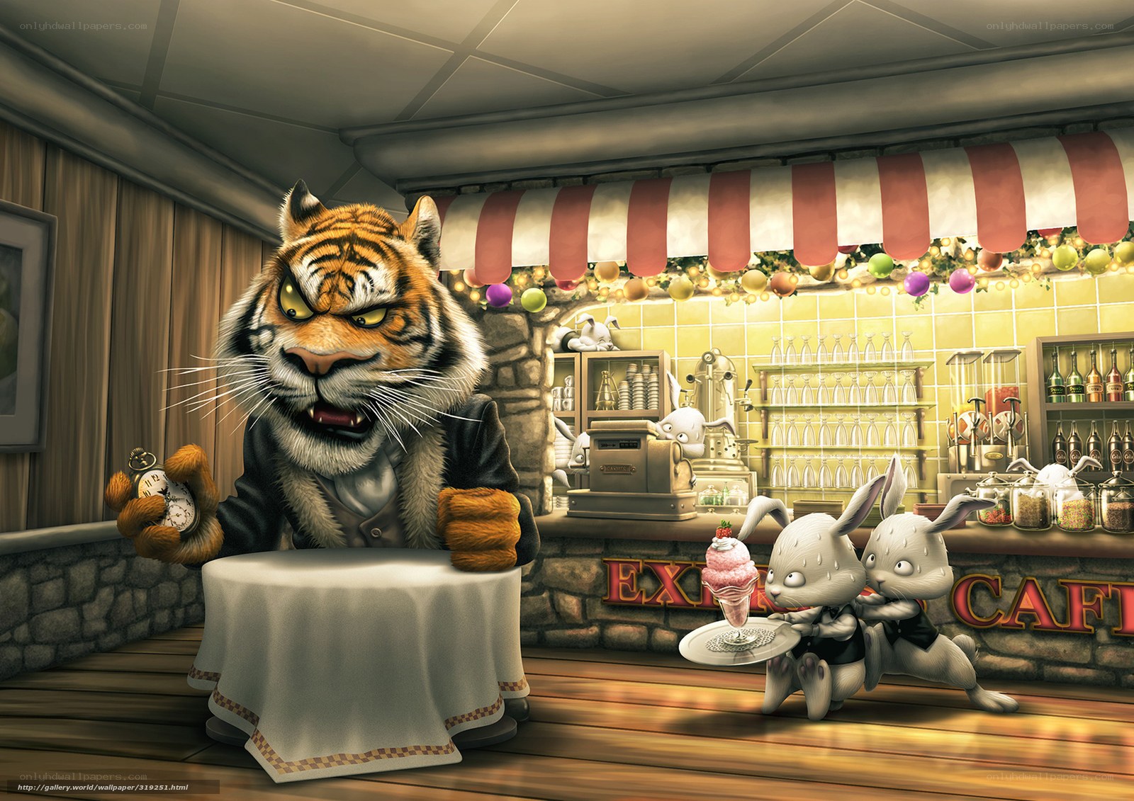 Tiger in a cafe with rabbits
