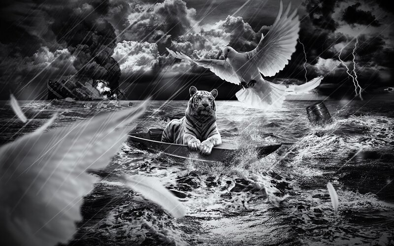 Tiger in a storm at sea