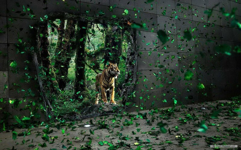 Tiger in Forest — Green, Dramatic, Digital Art, Leaves, Wall, Brown, Black