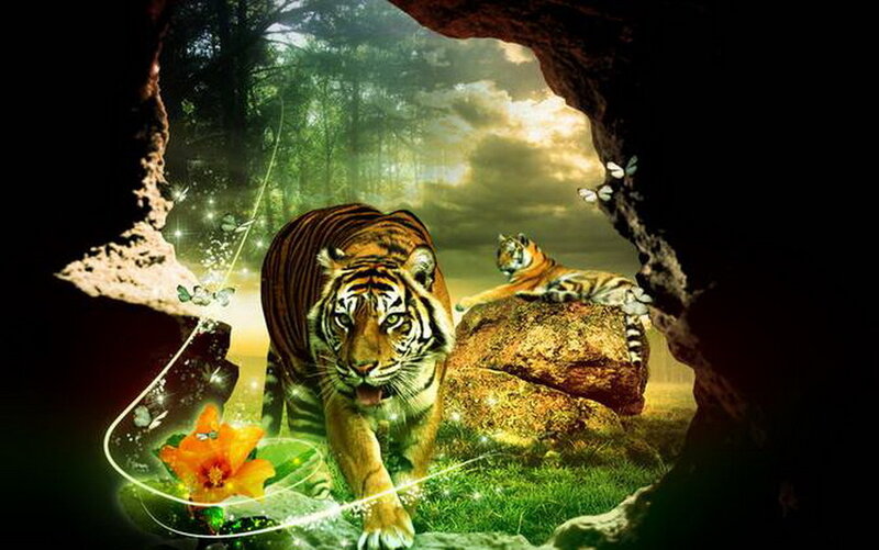 Tiger in Forest — Green