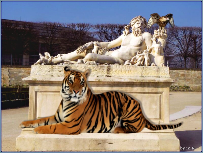 Tiger in Front of Statue