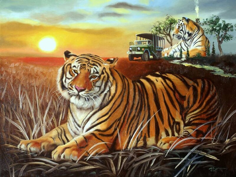 Tiger in Grass — Orange, Serene