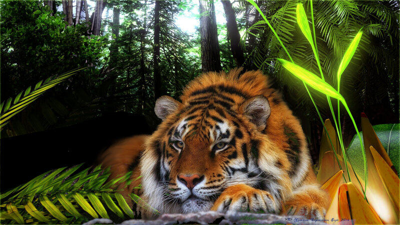 Tiger in Jungle — Green, Dramatic, Afternoon, Digital Art, Plants