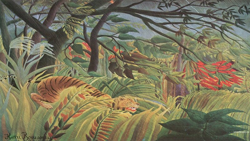 Tiger in Jungle — Green, Dramatic, Painting, Trees