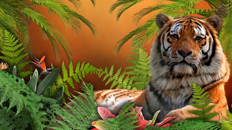 Tiger in Jungle — Green, Serene, Afternoon, Digital Art, Ferns