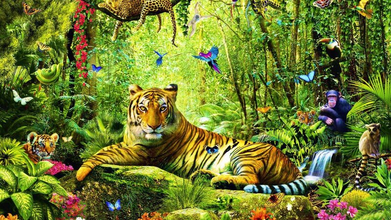 Tiger in Jungle — Green, Vibrant, Digital Art