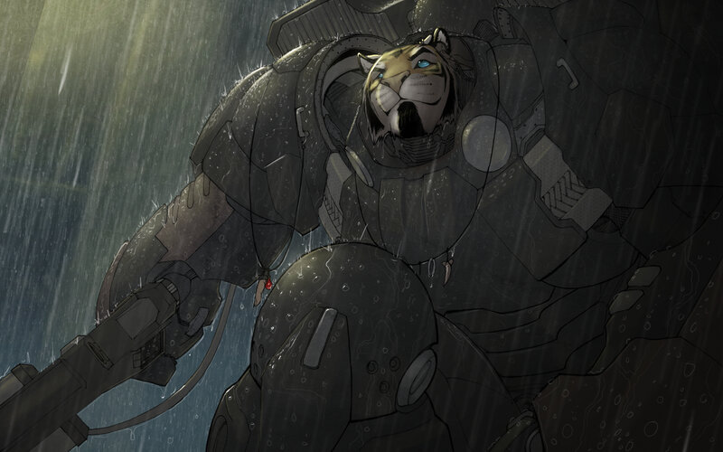 tiger in rain with mech suit