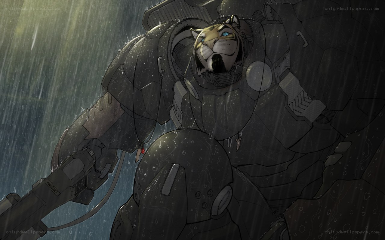 tiger in rain with mech suit