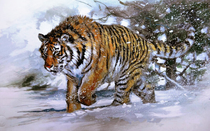 Tiger in Snow — Orange, Dramatic, Winter, Painting