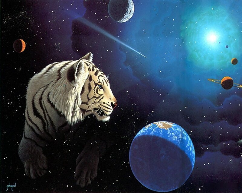 tiger in space with planets