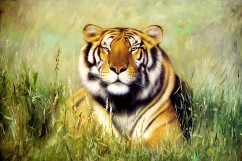 Tiger in Tall Grass — Orange, Calm, Painting