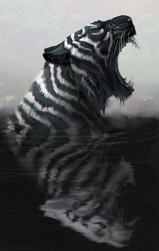 Tiger in Water — Black, Dramatic, Digital Art