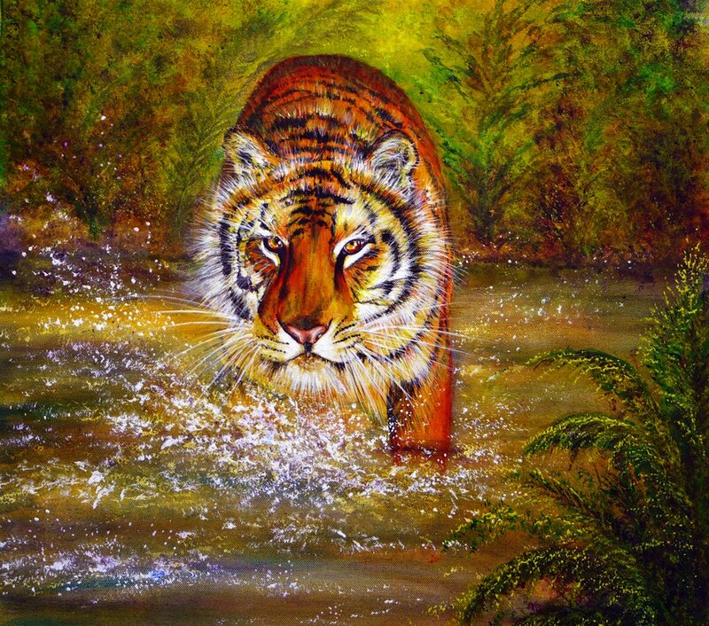 Tiger in Water — Orange, Dramatic, Painting