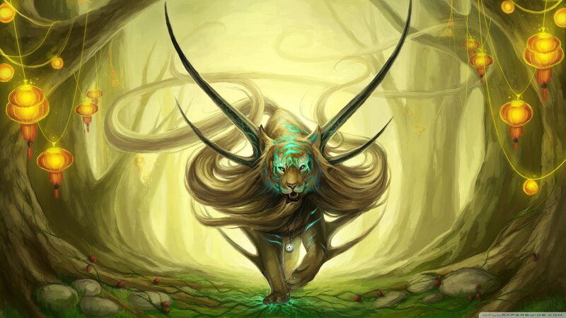 Tiger-like Creature with Antlers — Yellow