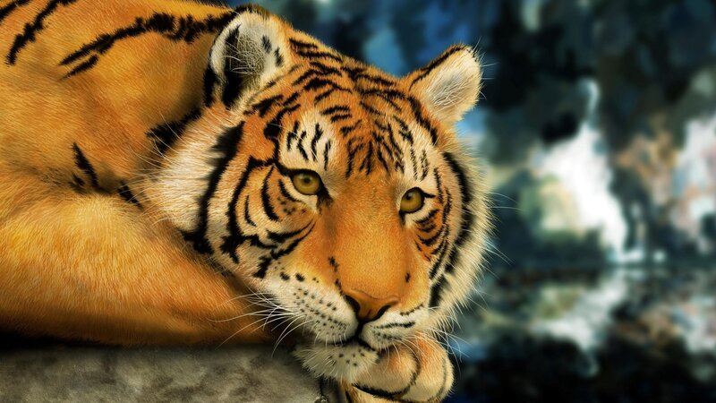 Tiger Lying Down — Orange, Calm, Digital Art, Rock, Forest