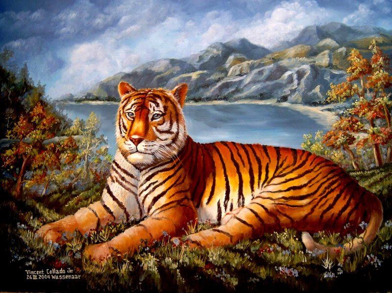 Tiger Lying in Grass — Orange, Serene, Autumn