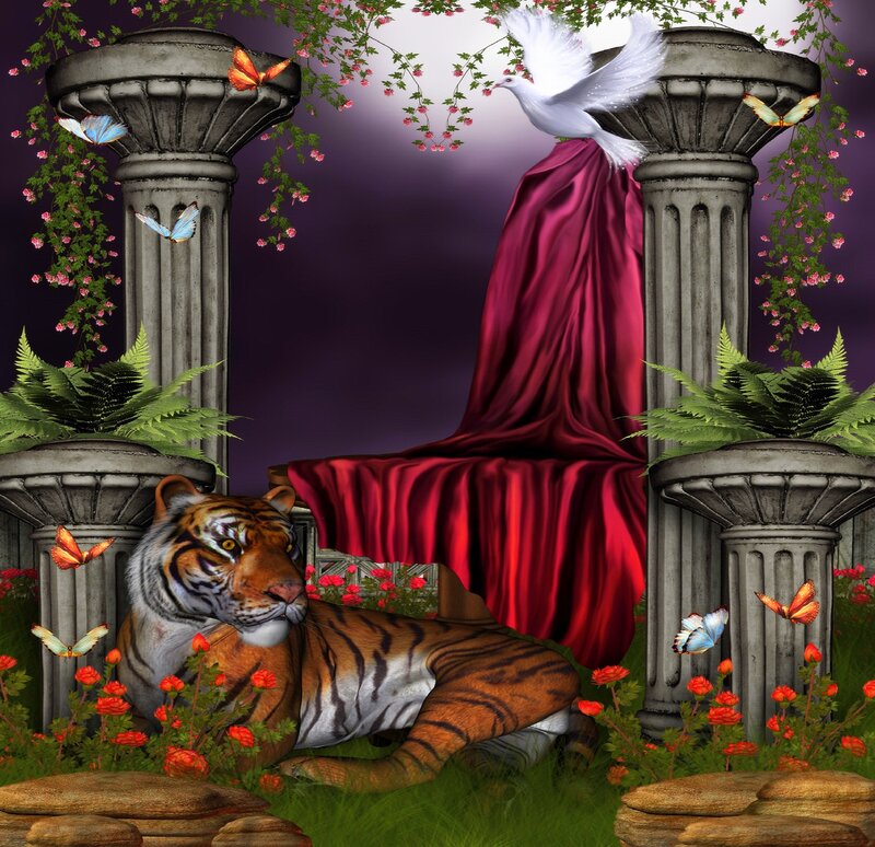 Tiger Lying on Grass — Purple